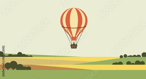 Balloon flying over countryside landscape on background