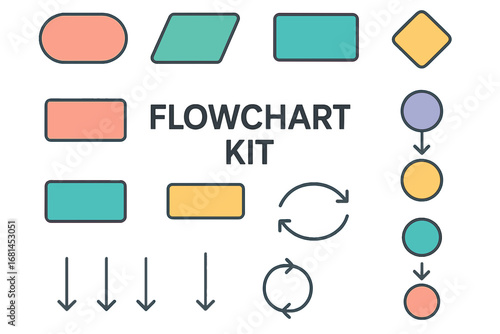 Flowchart kit with various shapes and arrows in pastel colors  