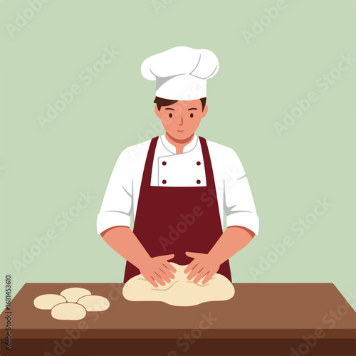 Chef Kneading Dough on Counter in Kitchen