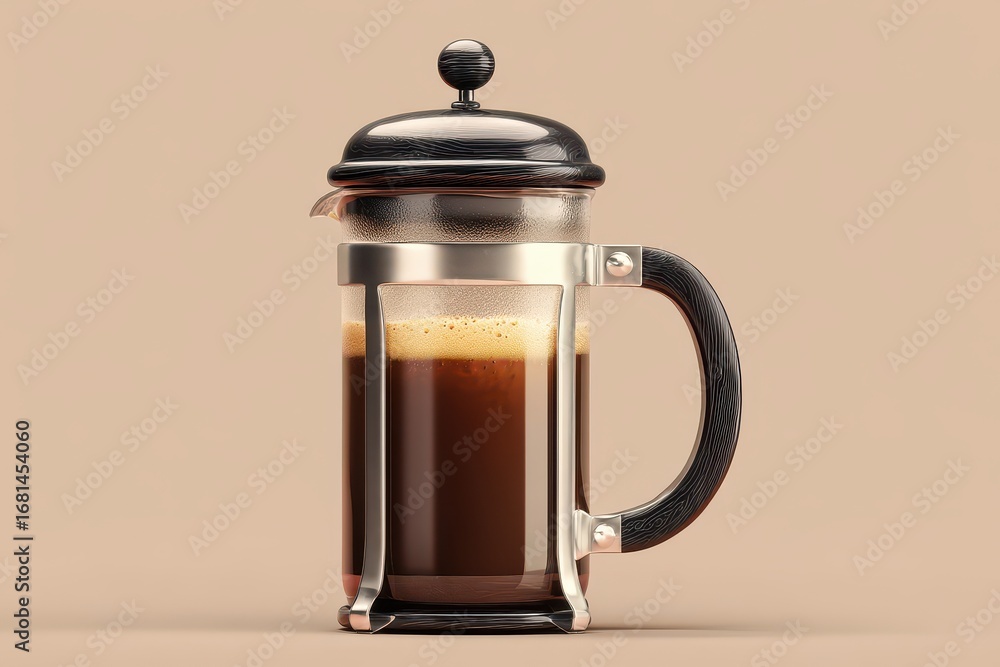 Obraz premium French Press Coffee Maker with Dark Lid and Handle on Beige Background
