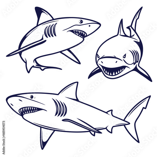 Three Stylized Sharks in Outline With Dark Blue Details marine life ocean