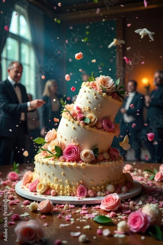 A chaotic wedding scene, featuring a toppled cake, scattered flowers, and a generally disordered atmosphere The image conveys a sense of frantic energy and controlled chaos , mayhem, destruction