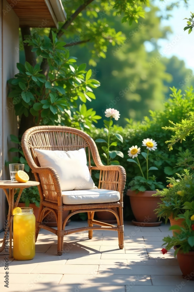 Fototapeta premium Relaxing summer scene featuring a wicker chair and side table on a sun-drenched patio, complete with vibrant green plants and refreshing lemonade , patio, leisure
