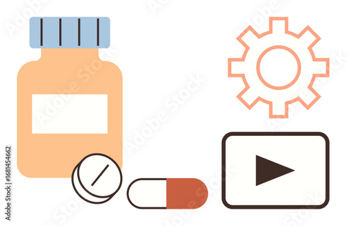 Medicine bottle, tablets, capsule, gear, and play button combining healthcare, medication access, online learning. Ideal for pharmaceutical tech, medical education telemedicine innovation