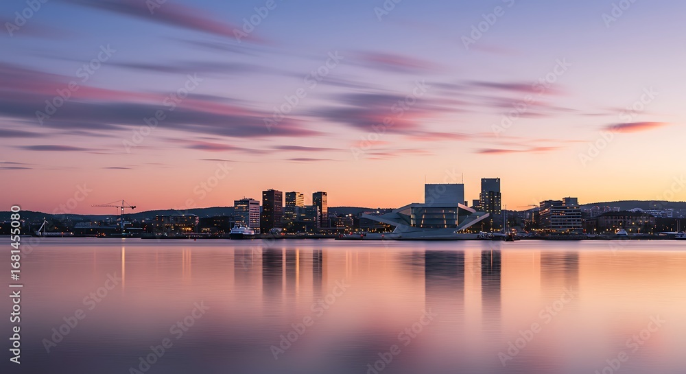 Fototapeta premium Tranquil City Skyline at Dusk over Calm Water