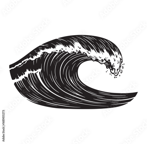 Artistic black and white illustration of a powerful ocean wave crashing with fine details
