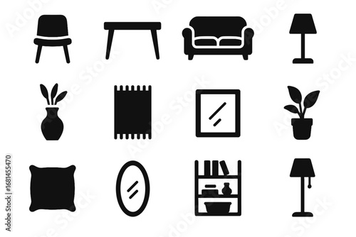 Icon mirror table wall lamp cushion vase decorative decor ai vector bookshelf