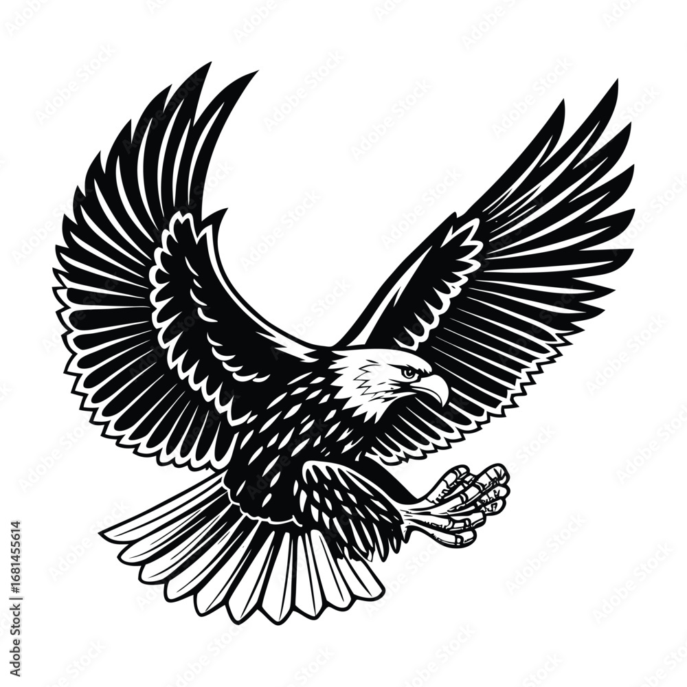 Obraz premium A majestic bald eagle soars in graceful flight, its silhouette sharp against the sky, symbolizing freedom, strength, and the untamed spirit of the wild. 