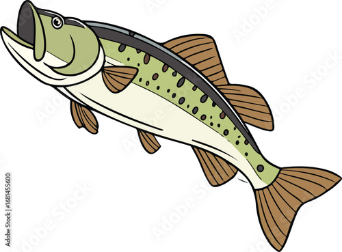 Vector artwork of freshwater fish swimming in a natural river habitat with plants and water details