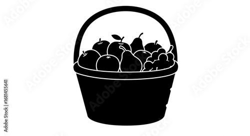 Black and White Fruit Basket Illustration with Apples and Pears.