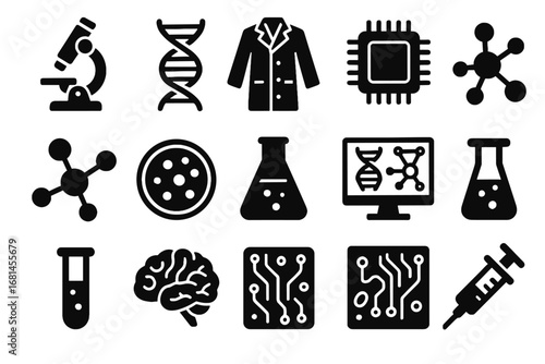 Circuit icon screen test lab set petri coat microscope syringe tube vector