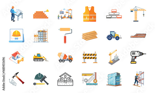 Construction and Building Icons Set – Architecture Tools, Engineering Equipment, Construction Site, Crane, Safety Helmet, Concrete Mixer, Bulldozer, Power Drill, Saw, Hammer, Ruler, Paint Roller, Wood