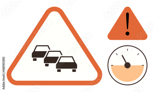 Three cars in a road caution triangle, orange exclamation sign, and speedometer visualizing traffic warning. Ideal for road safety, traffic management, cautionary signs, transportation planning