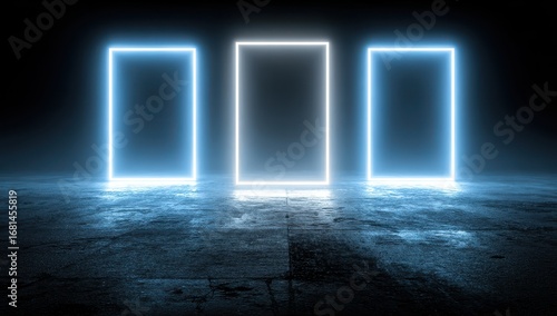 High quality photo of three glowing rectangular portals of light on a dark textured surface.