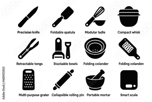 Nano mortar icon kitchen rolling collapsible ladle retractable precision icons vector folding