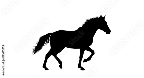 Black Horse Silhouette Trotting Elegantly on White Background.