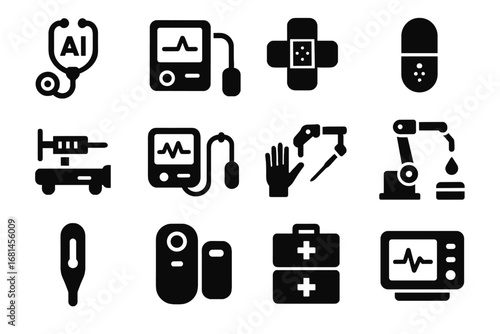 Modular icon icons bandage pump syringe healthcare robotic monitor stethoscope compact kit