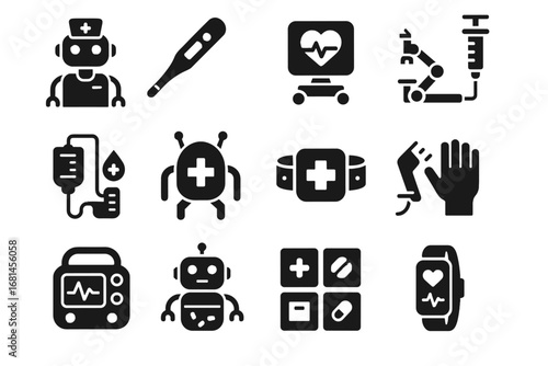 Kit icons defibrillator thermometer health scanner healthcare portable dispenser icon robotic vector