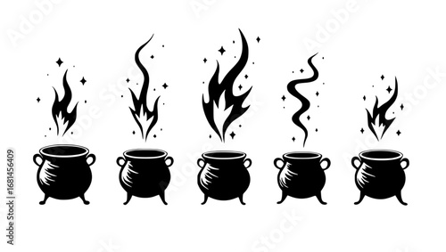 Magical Cauldrons Brewing Mystical Essence, conjuring enchanting atmosphere through a series of five cauldron images in a monochromatic, stylized illustration.