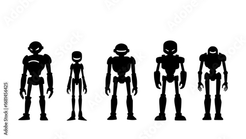 A stylized group of five robots stand together, a unified representation of advanced technology. With clean lines and a modern aesthetic, each robot embodies a distinct personality.