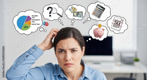 Confused woman thinking about finances taxes and business growth strategy