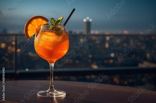 Refreshing orange cocktail with mint and orange slice garnished with a straw on a table with a blurred city skyline at dusk