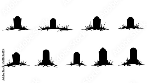 A collection of simple silhouette headstones on grass evoke a spooky atmosphere, ideal for representing memorial, death, and cemetery themes. vector illustration