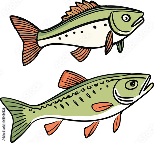 Vector illustration of different river fish species swimming together