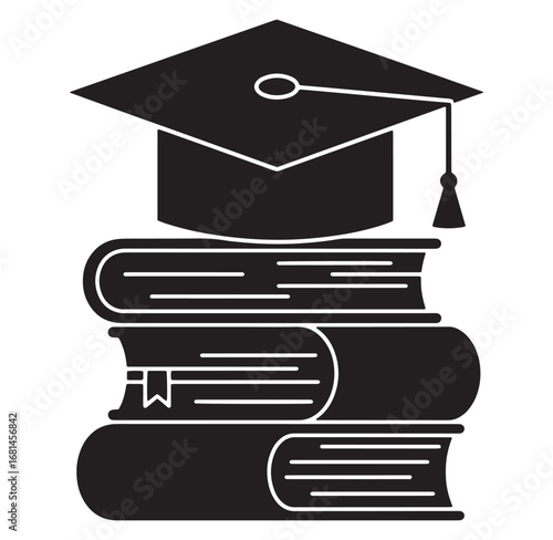 Black silhouette illustration of graduation cap resting on stack of books education concept