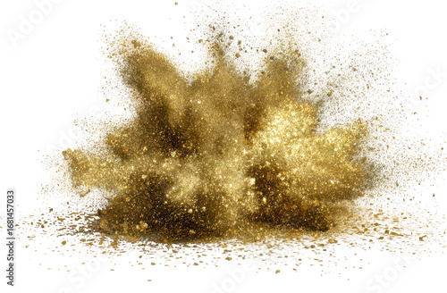 Golden explosion of fine particles against a dark background.  A cloud of gold dust erupts outward from a central point, leaving a trail of fine particles on the ground below