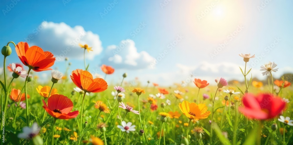 Fototapeta premium A vibrant, sun-drenched field of wildflowers swaying gently in the breeze, embodying pure, joyful serenity Perfect for themes of optimism, positivity, and carefree living , serenity, floral