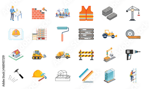Construction and Building Icons Set – Architecture Tools, Engineering Equipment, Construction Site, Crane, Safety Helmet, Concrete Mixer, Bulldozer, Power Drill, Saw, Hammer, Ruler, Paint Roller, Wood