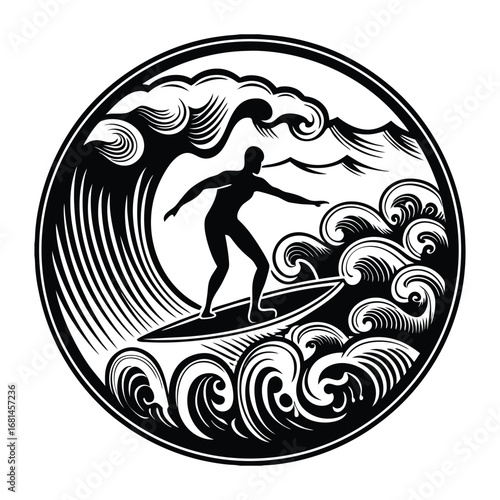 A bold surfboarder silhouette captures the thrill of riding the waves, symbolizing adventure, freedom, and the timeless spirit of surfing against the sea and sky.
