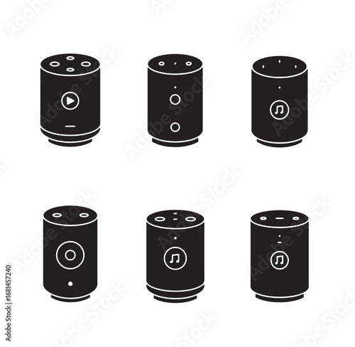 Collection of black and white smart home speakers showing various designs and functions