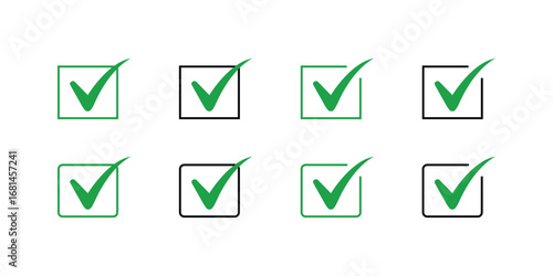 Green Check Mark Set in Various Styles on Transparent Background