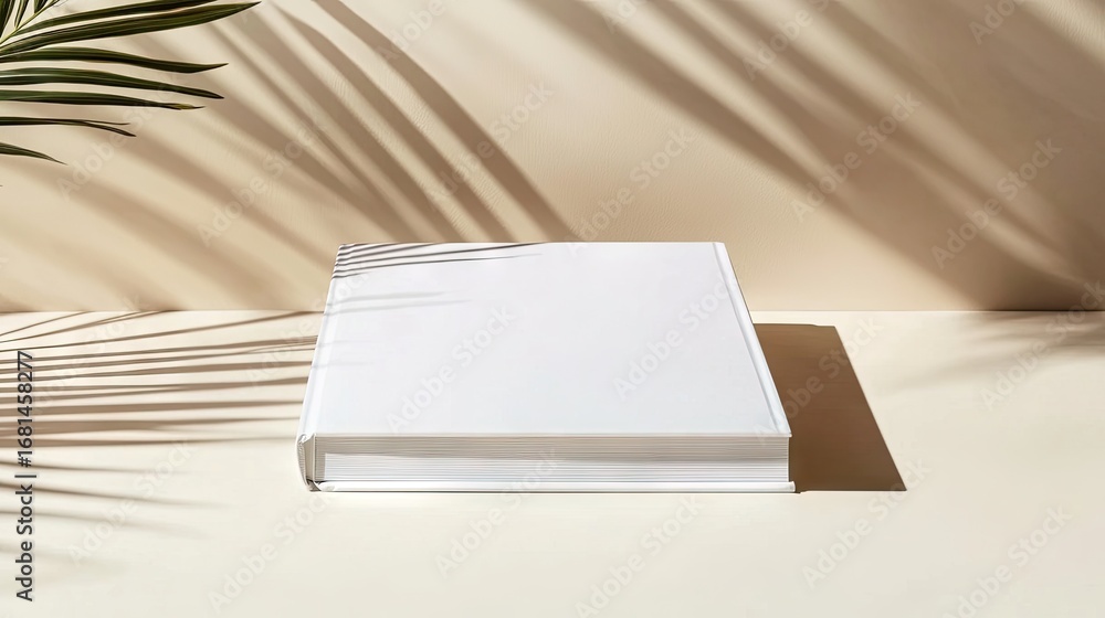 Fototapeta premium White book on beige surface with palm leaf shadows