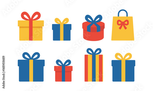Colorful gift boxes and bags with ribbons in flat design style