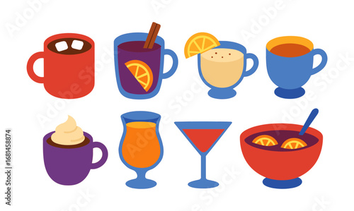 Colorful beverage collection with hot drinks and cocktails in simple flat design