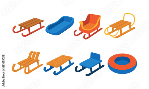 Colorful isometric winter sleds collection for seasonal activities and outdoor fun