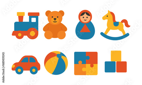Colorful toy icons set featuring train, bear, matryoshka, and more in flat design