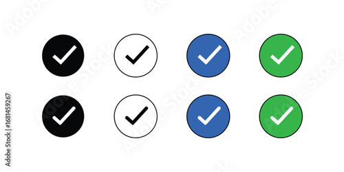 Check Mark Icon Set in Various Styles color Black, White, Blue and Green on Transparent Background