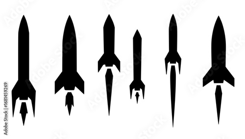 A sleek and modern set of silhouetted rockets. The image portrays a sense of progress, innovation, and the exploration of the unknown.  vector illustration
