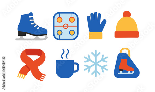 Winter sports and accessories icons: ice skating, hockey, and warm gear in flat design