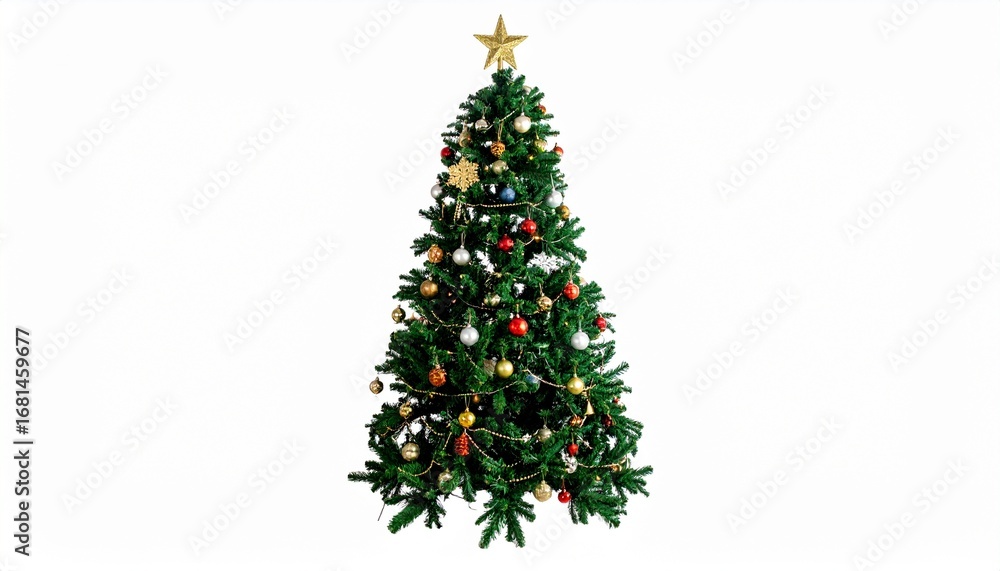 Obraz premium an elegant decorated Christmas tree floating at center . isolated on a white backgrou
