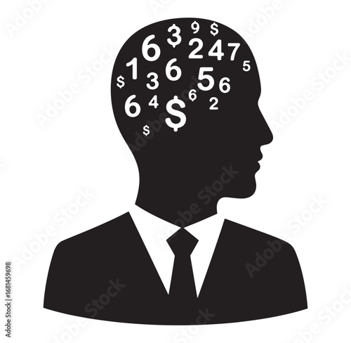 Silhouette of a businessman thinking about money and numerical calculations