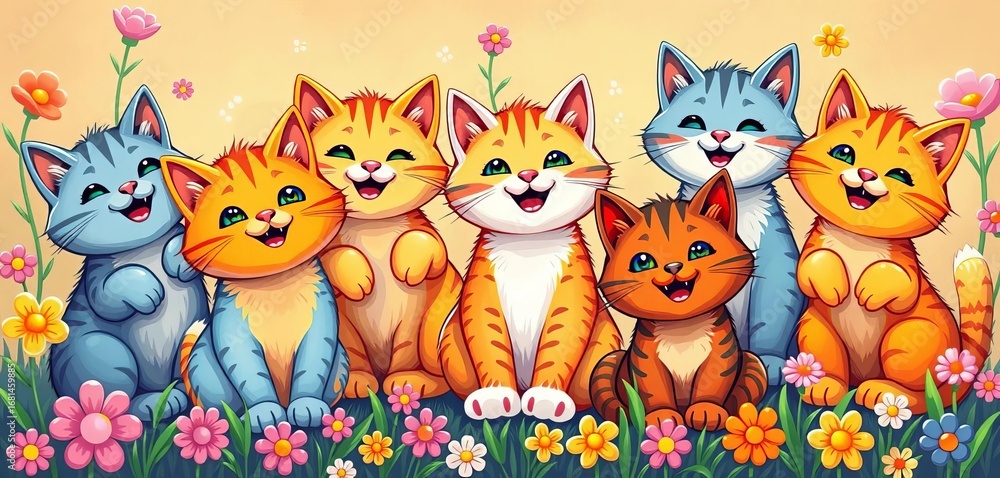 Fototapeta premium Six playful cartoon cats, vibrant colors, spring flowers, paw prints , April, pet