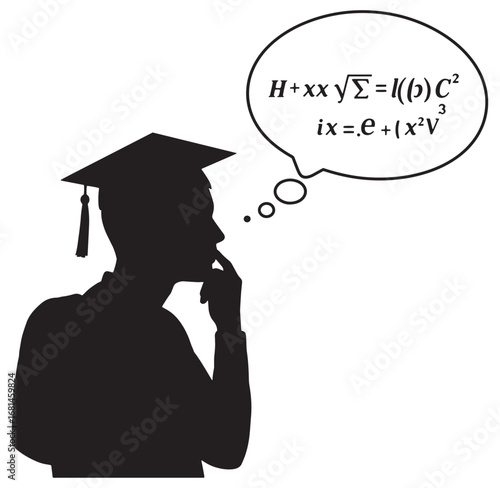 Silhouette of a thinking graduate with complex mathematical equations in a thought bubble