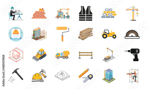 Construction and Building Icons Set – Architecture Tools, Engineering Equipment, Construction Site, Crane, Safety Helmet, Concrete Mixer, Bulldozer, Power Drill, Saw, Hammer, Ruler, Paint Roller, Wood