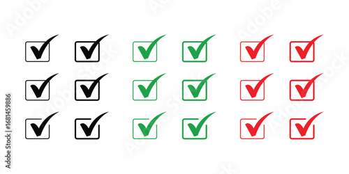 Check Mark Icon Set in Various Styles Colors Black Green and Red on Transparent Background