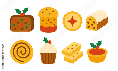 Festive holiday desserts collection featuring classic baked goods with holly accents